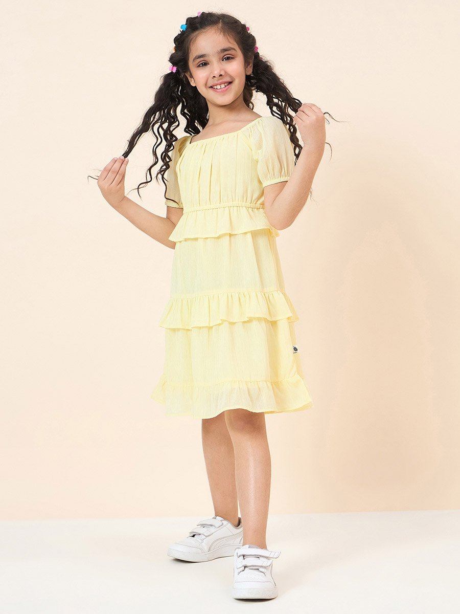Girls Yellow A-Line Knee-Length Casual Dress