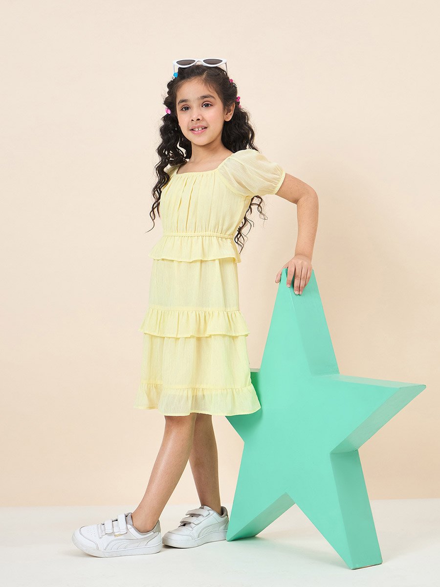 Girls Yellow A-Line Knee-Length Casual Dress