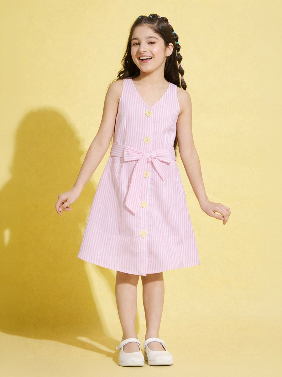 Girls Pink Striped A-Line Knee-Length Casual Dress