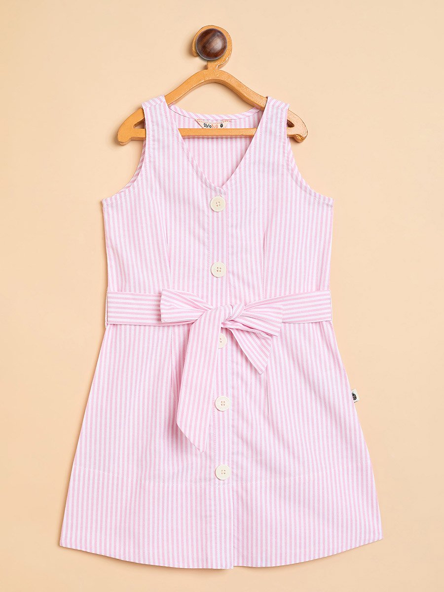Girls Pink Striped A-Line Knee-Length Casual Dress