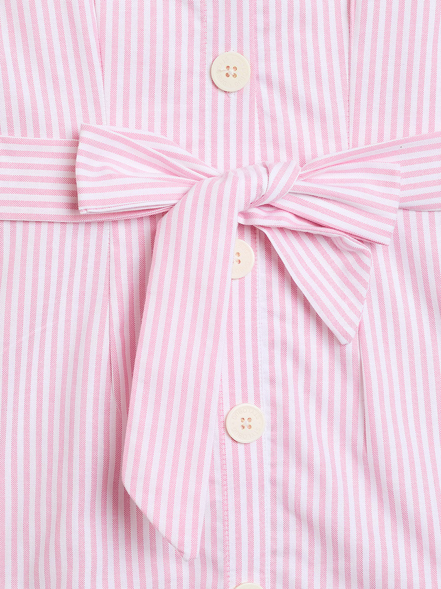 Girls Pink Striped A-Line Knee-Length Casual Dress