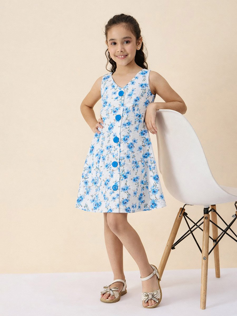 Girls Blue Floral Fit and Flare Knee-Length Dress