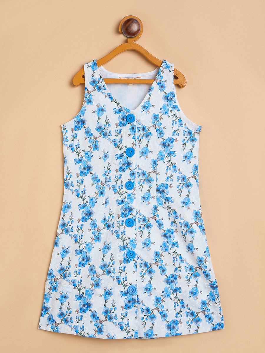 Girls Blue Floral Fit and Flare Knee-Length Dress