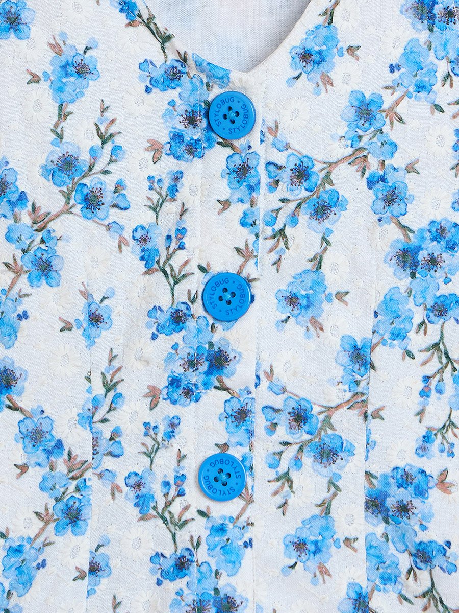 Girls Blue Floral Fit and Flare Knee-Length Dress