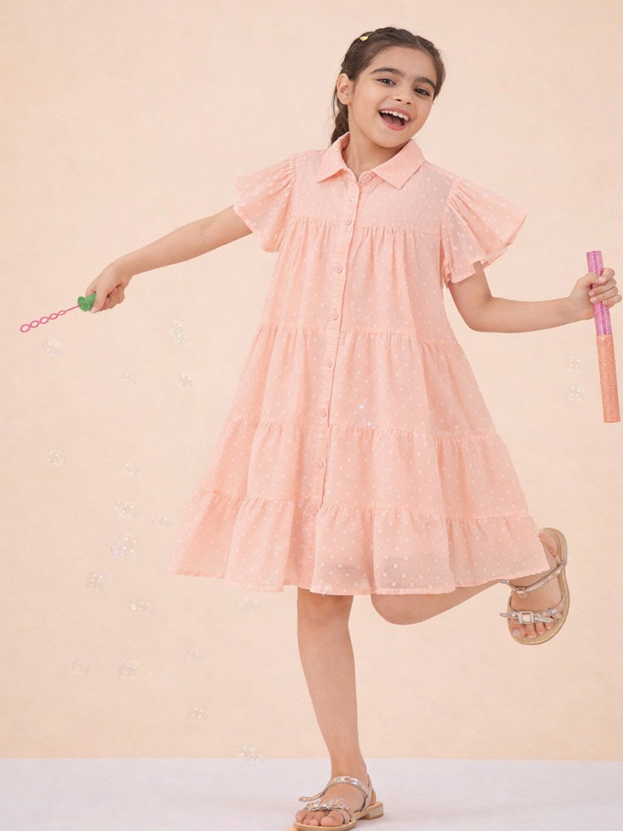 Girls Peach A-Line Knee-Length Casual Dress