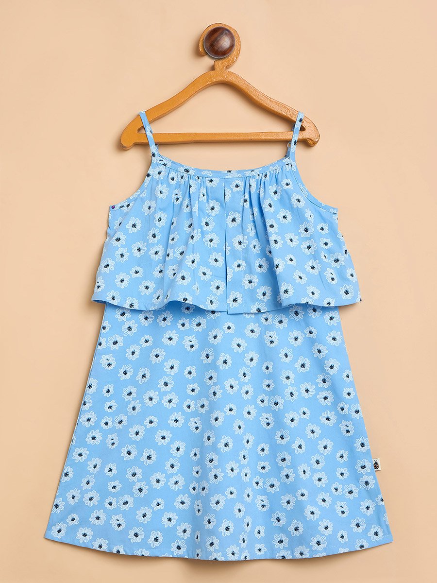Girls Blue Floral A-Line Knee-Length Casual Dress