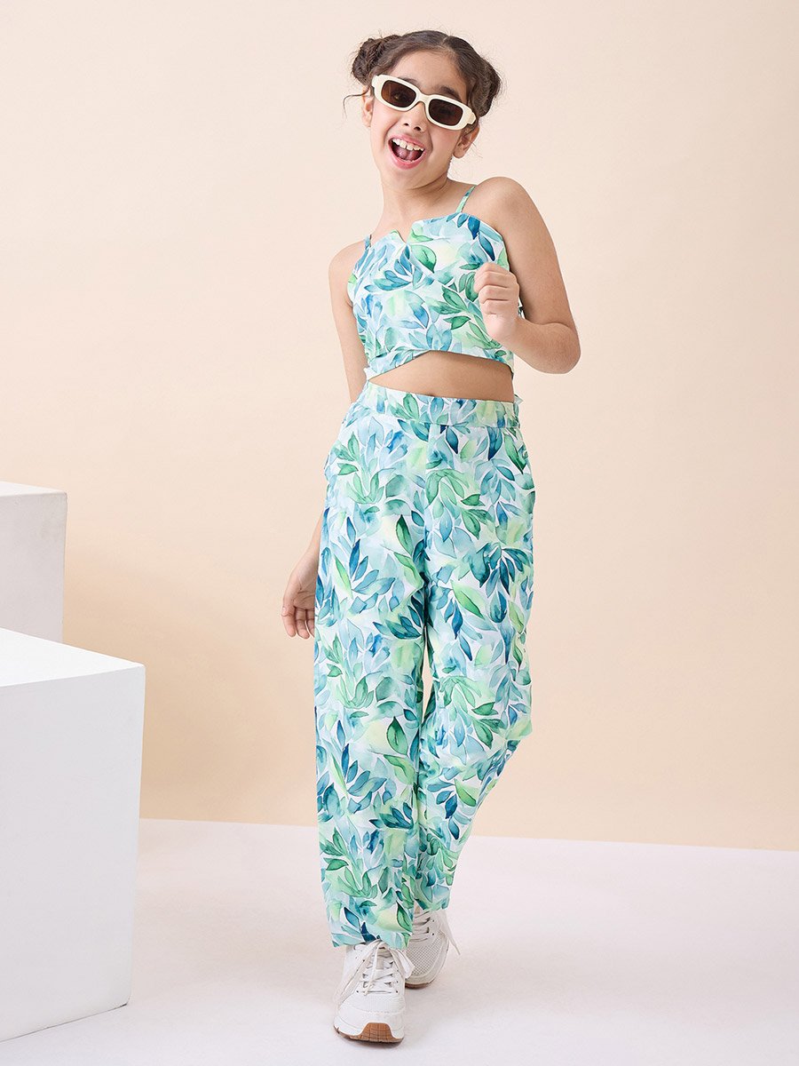Girls Tropical Print Crop Top and Trousers Set