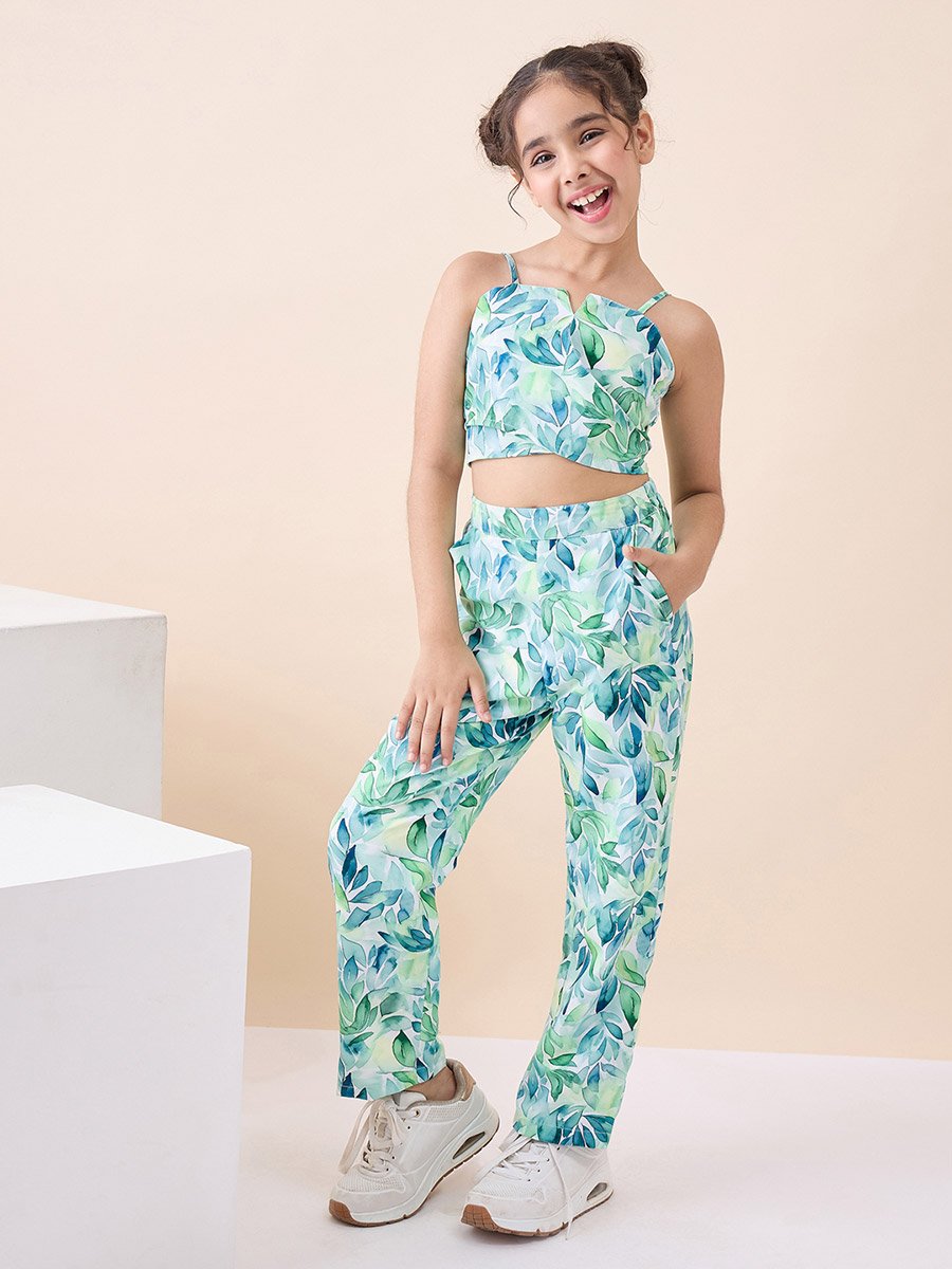 Girls Tropical Print Crop Top and Trousers Set