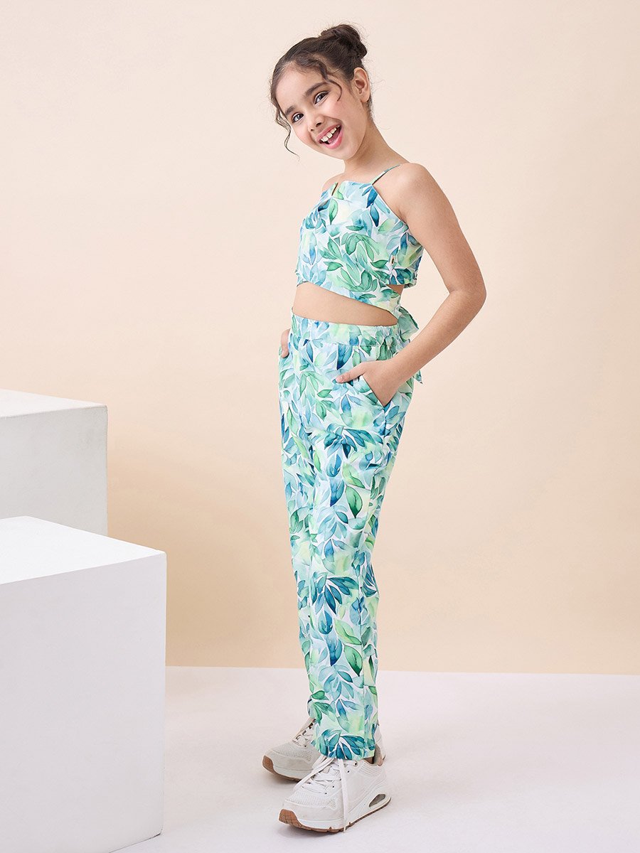 Girls Tropical Print Crop Top and Trousers Set
