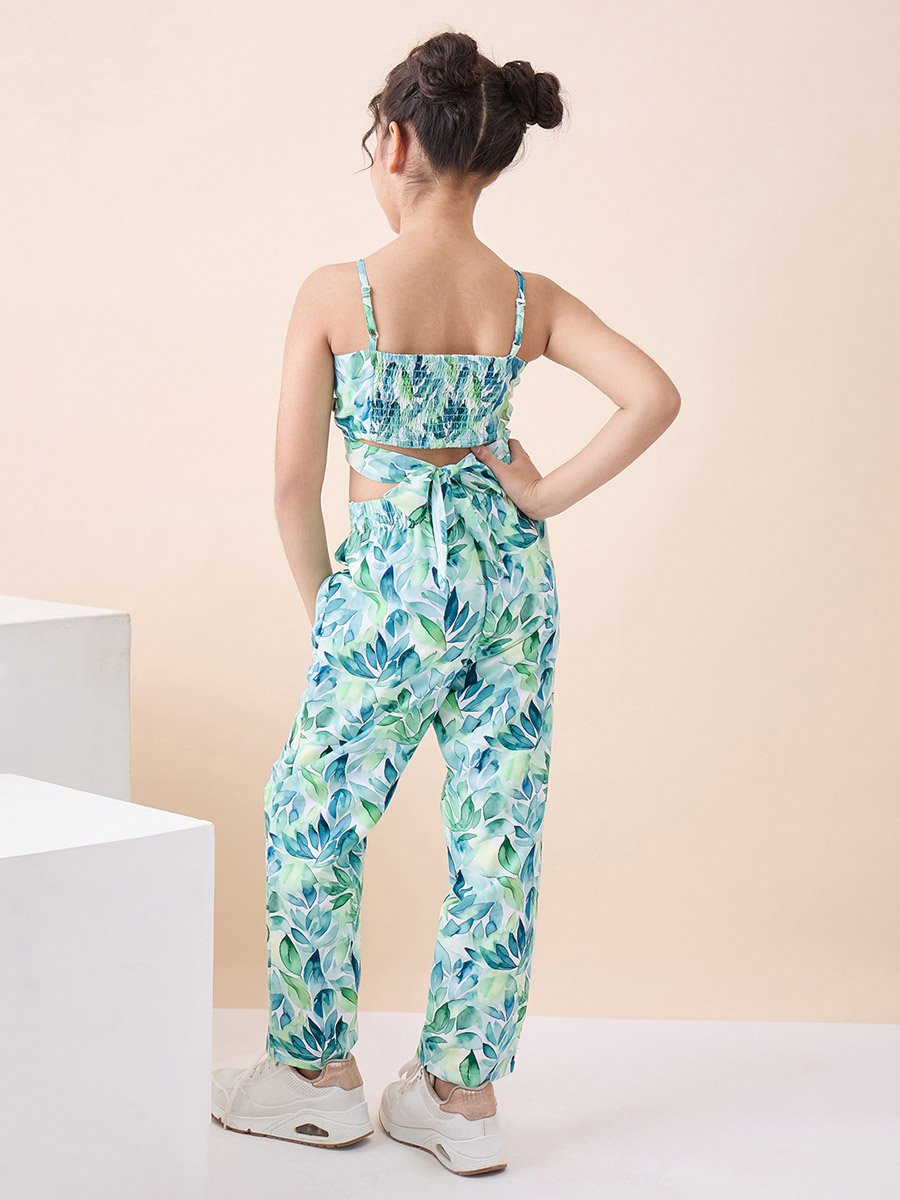 Girls Tropical Print Crop Top and Trousers Set