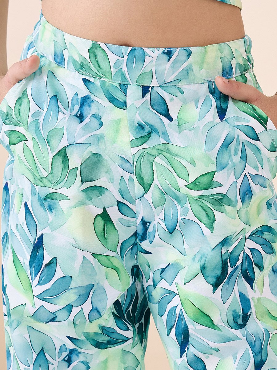 Girls Tropical Print Crop Top and Trousers Set
