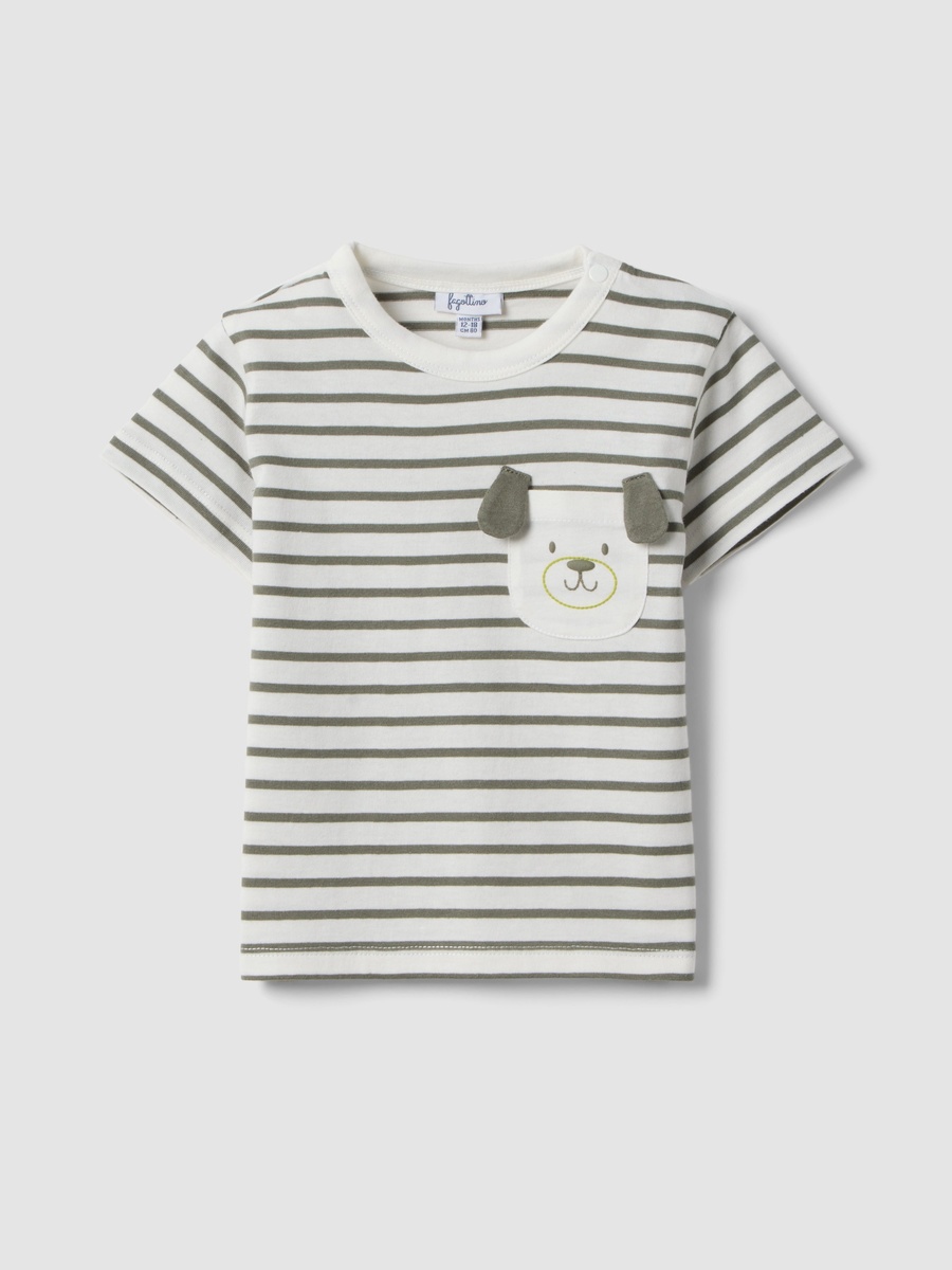Boys Cotton Striped T-Shirt with Dog Pocket