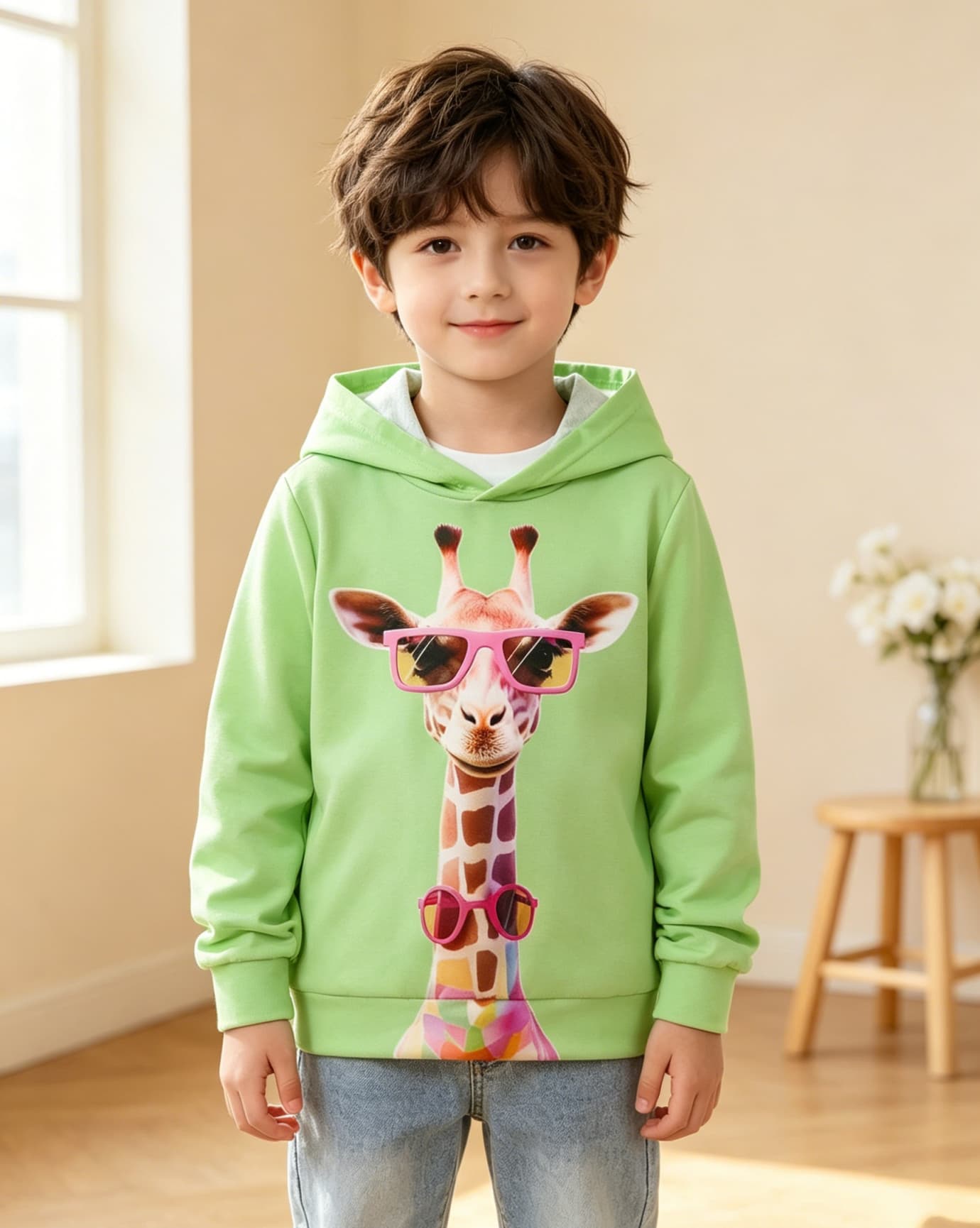 Boys Green Graphic Giraffe Hoodie
