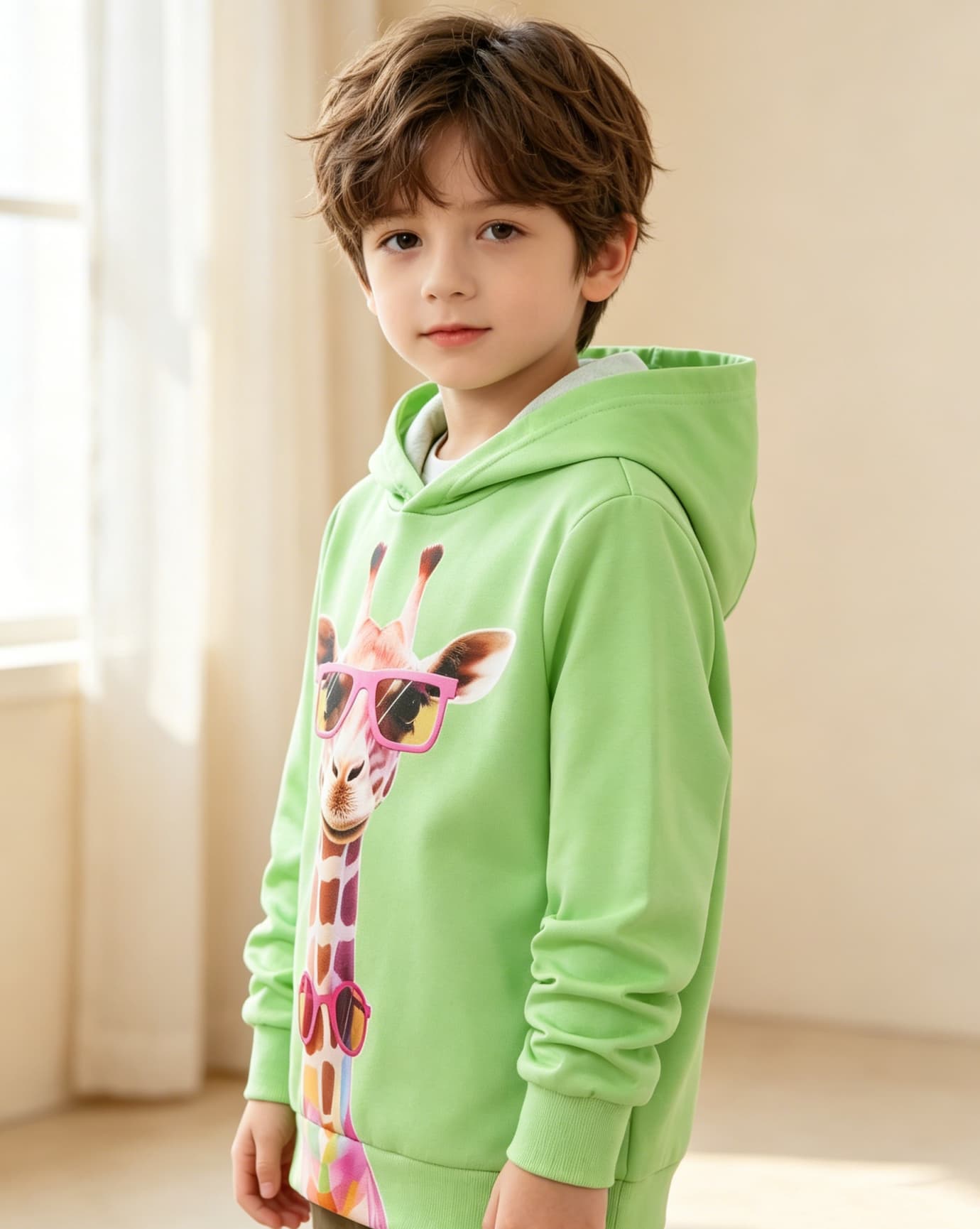 Boys Green Graphic Giraffe Hoodie