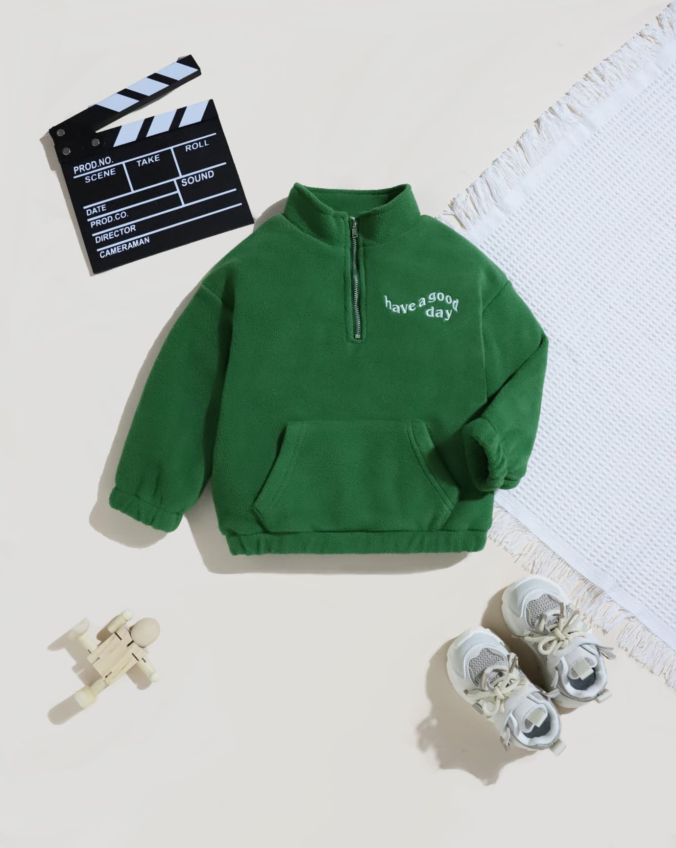 Green Fleece Quarter-Zip Sweatshirt With Pocket