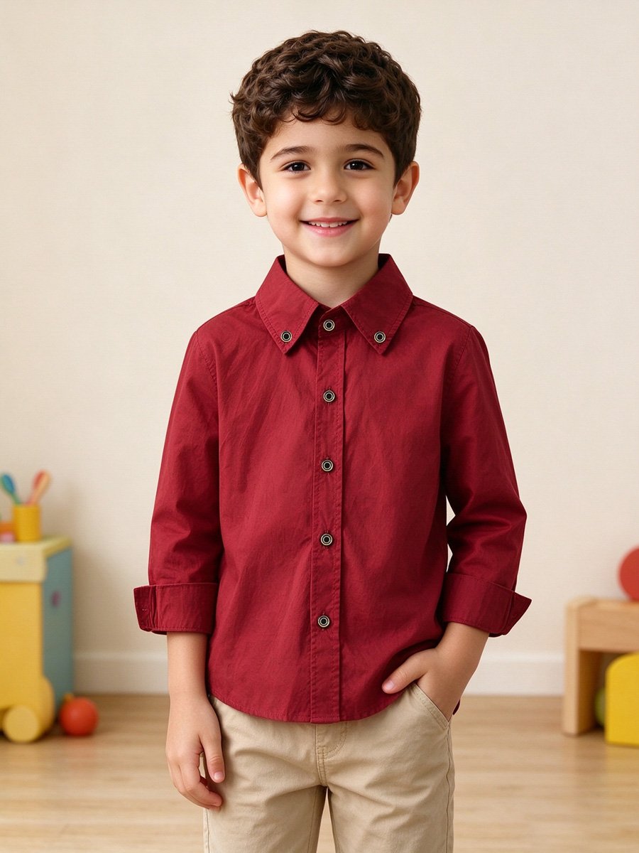 Boys Solid Cotton Long-Sleeve Shirt