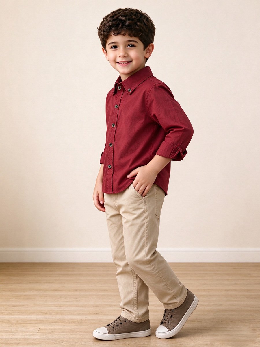 Boys Solid Cotton Long-Sleeve Shirt