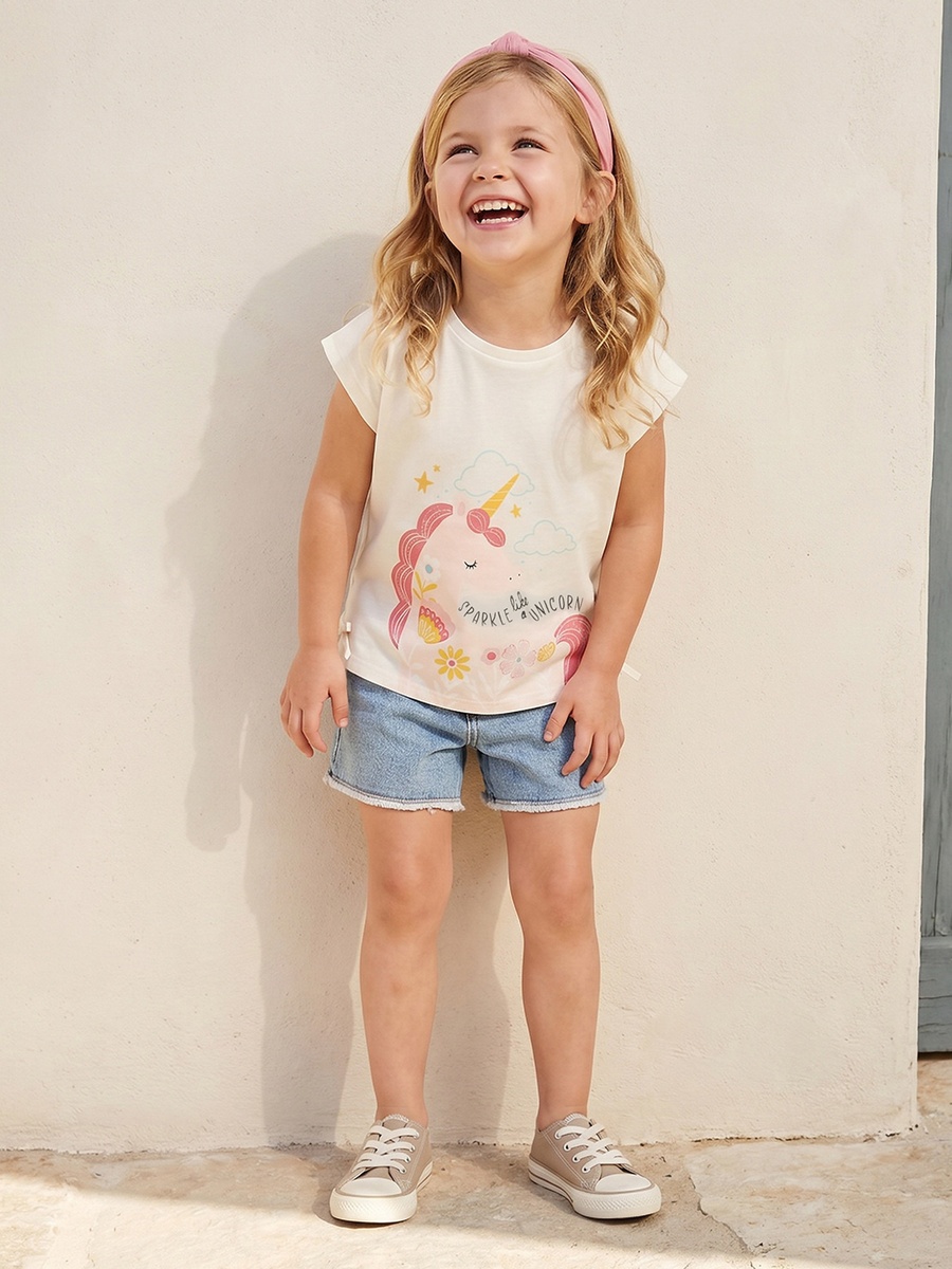 Crew Neck Short Sleeves Top with Unicorn Print
