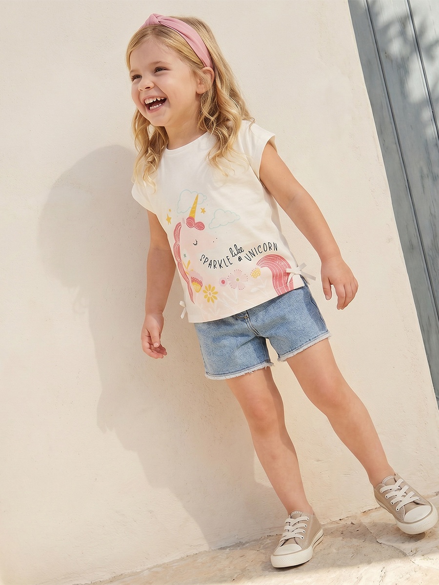 Crew Neck Short Sleeves Top with Unicorn Print