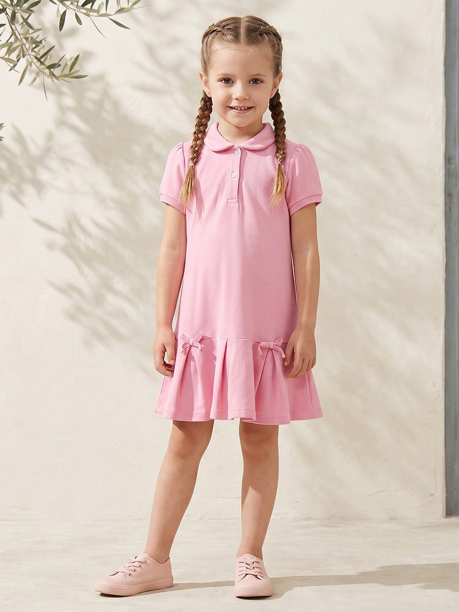 Collared Short Sleeves Knee Length Polo Dress with Bow Accent