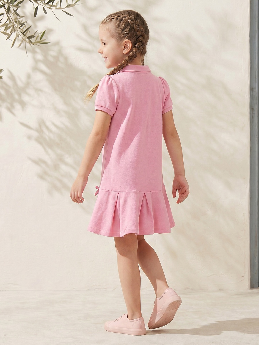 Collared Short Sleeves Knee Length Polo Dress with Bow Accent
