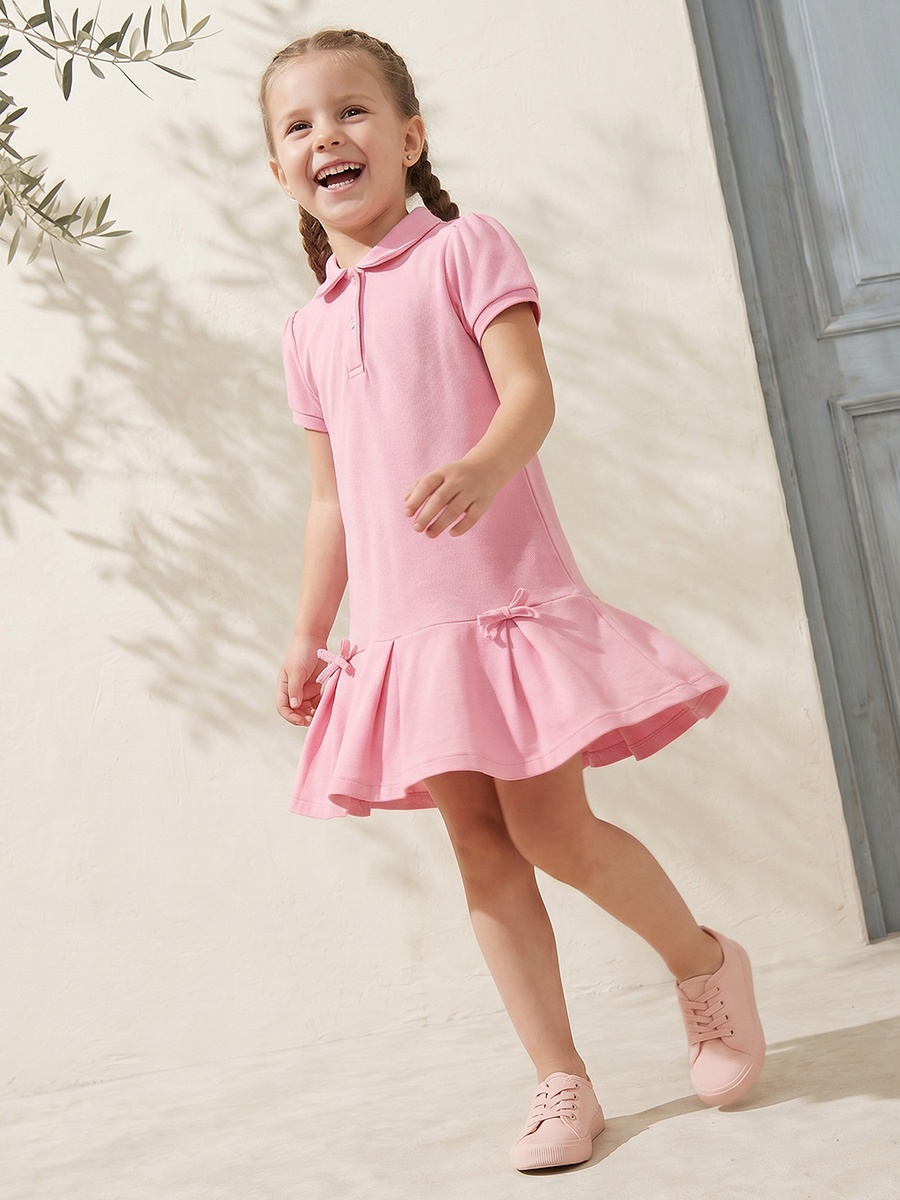 Collared Short Sleeves Knee Length Polo Dress with Bow Accent
