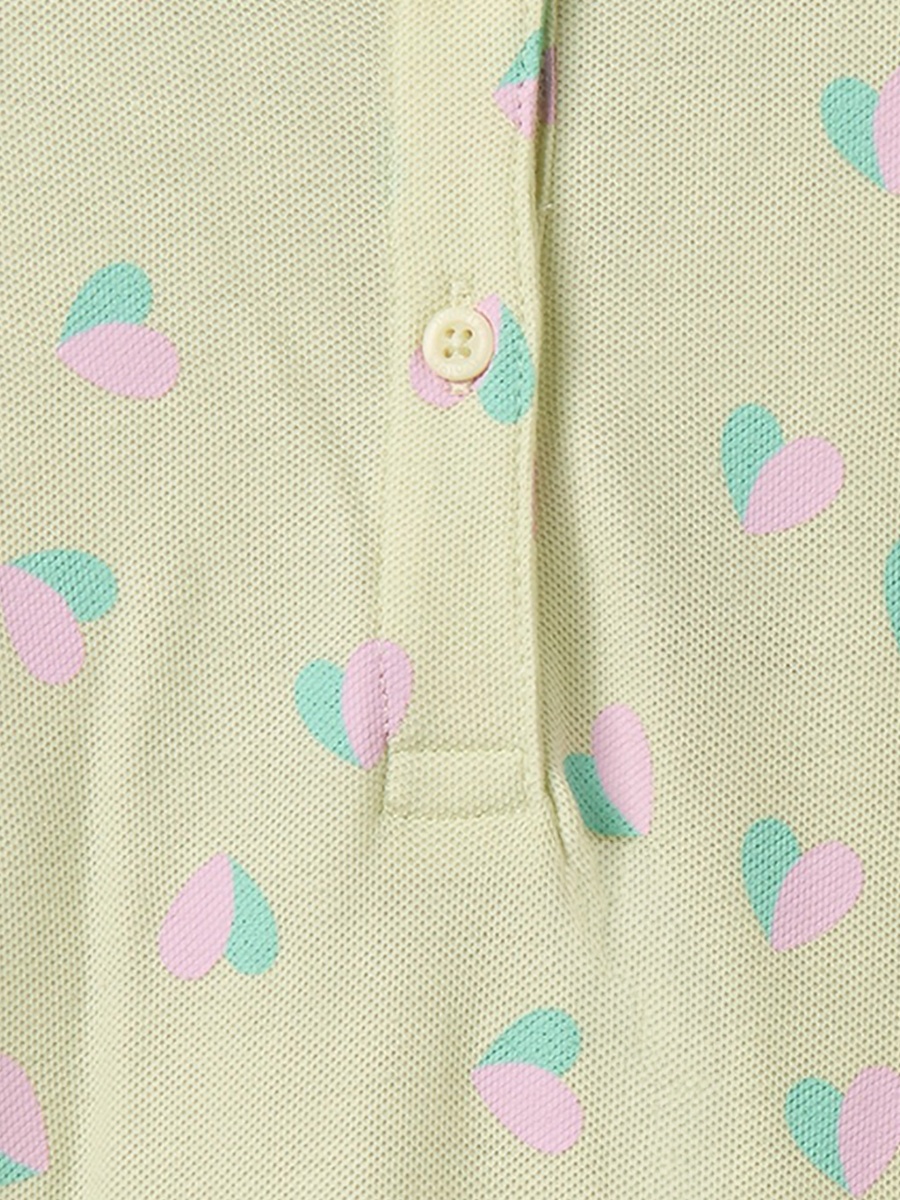 Collared Short Sleeves Knee Length Drop Waist Dress with Heart Print