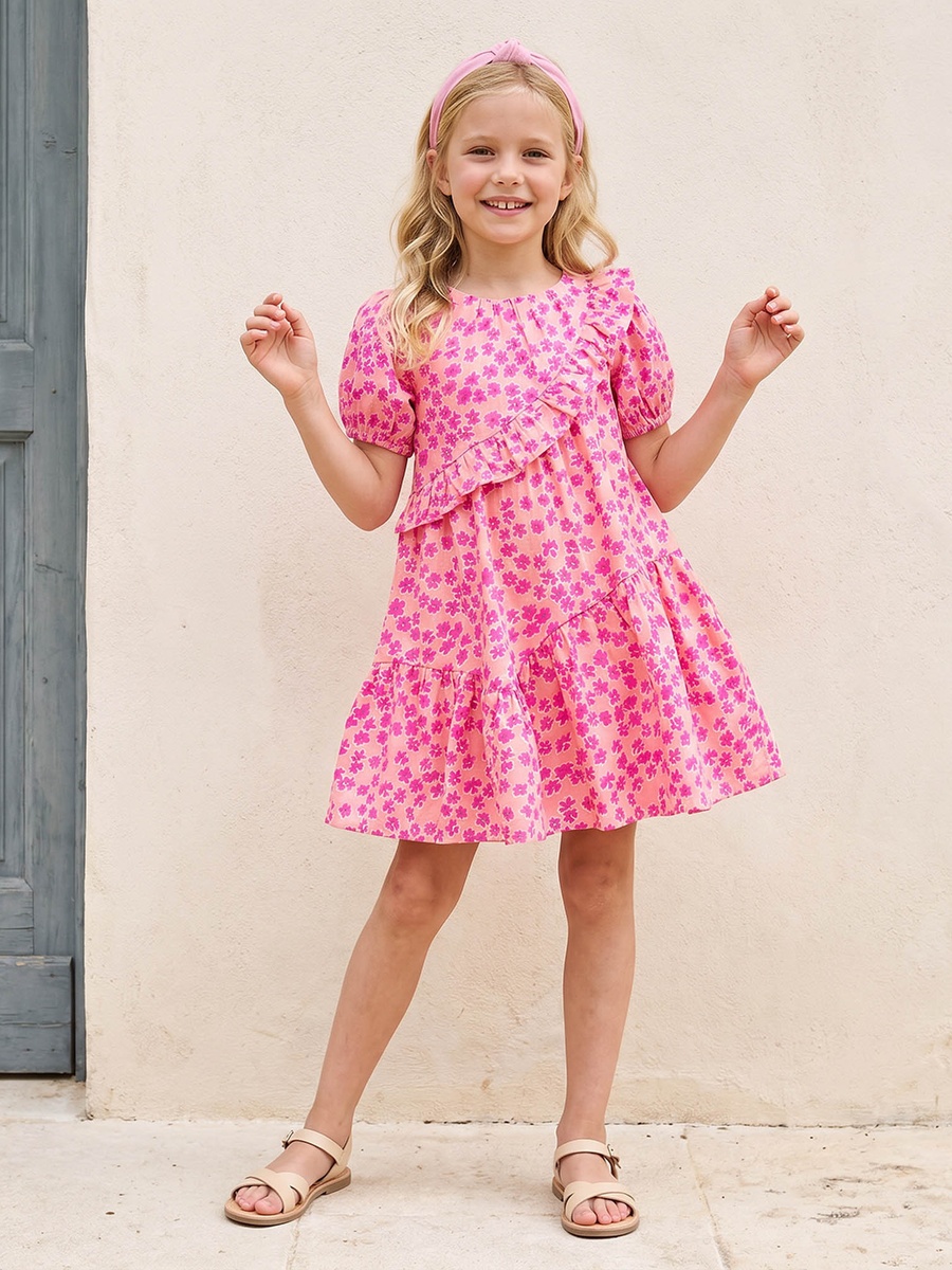 Round Neck Short Sleeves Knee Length A-Line Dress with Floral Print