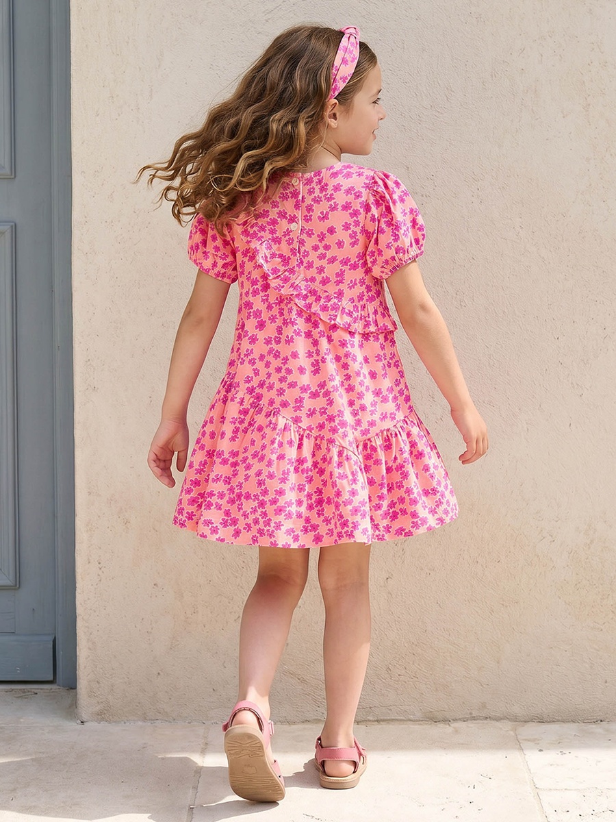 Round Neck Short Sleeves Knee Length A-Line Dress with Floral Print