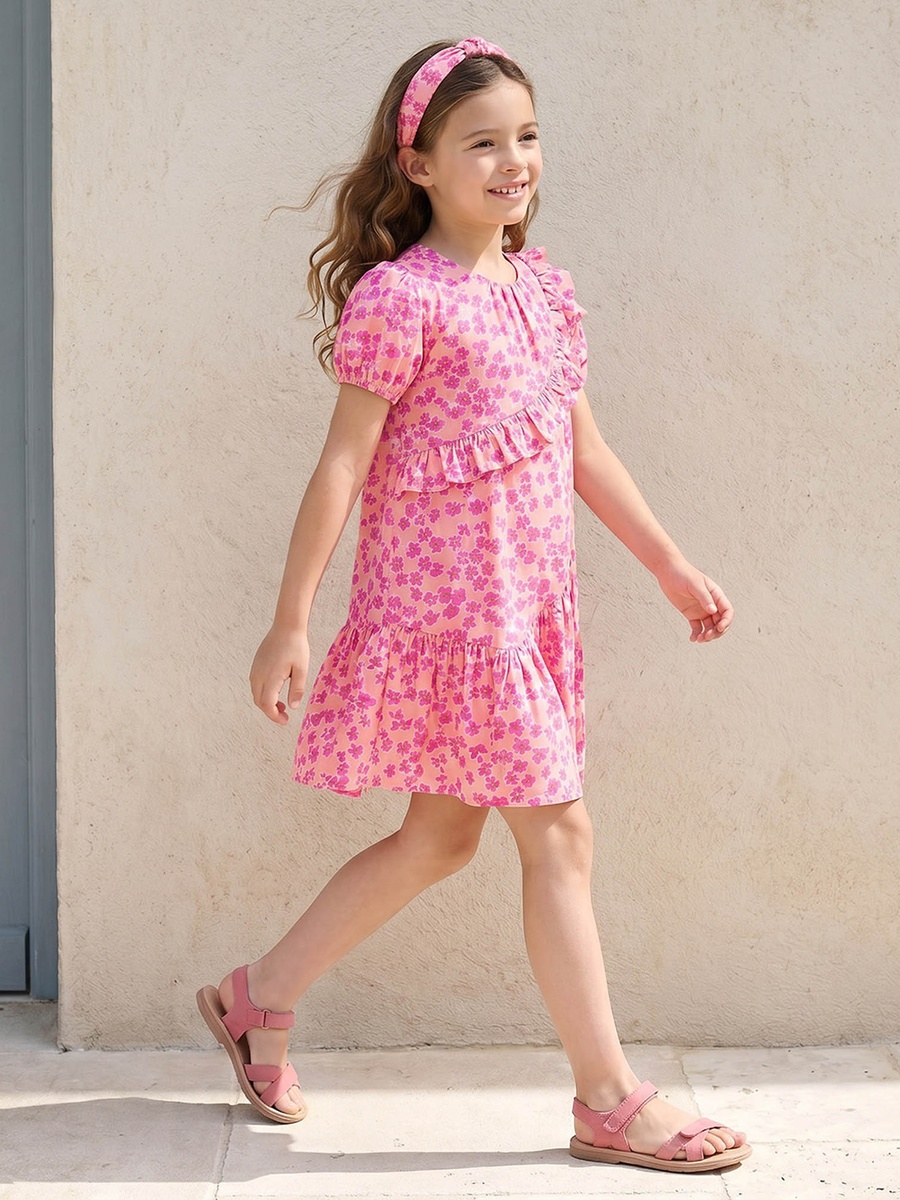 Round Neck Short Sleeves Knee Length A-Line Dress with Floral Print