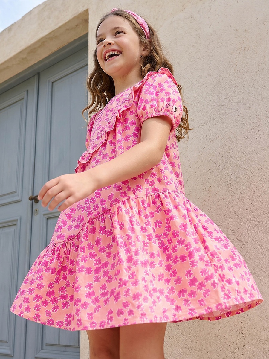 Round Neck Short Sleeves Knee Length A-Line Dress with Floral Print