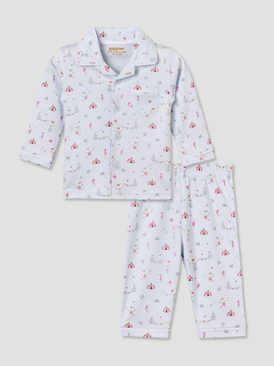 Cotton Collared Long Sleeves Pyjama Set with Circus Print