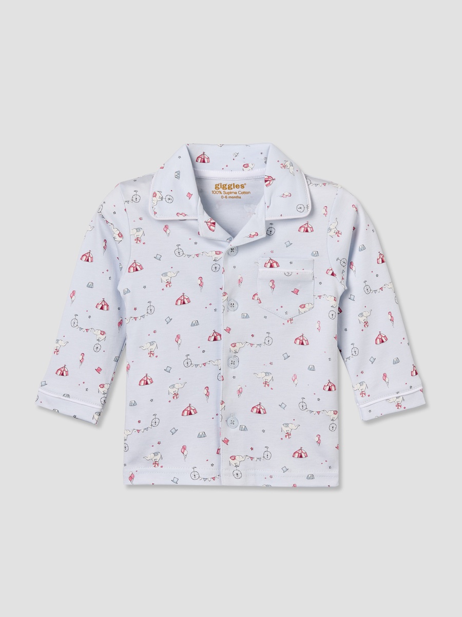 Cotton Collared Long Sleeves Pyjama Set with Circus Print