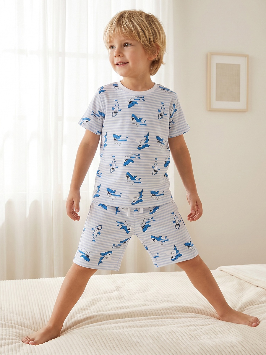 Cotton Crew Neck Short Sleeves Pyjama Set with Shark Print