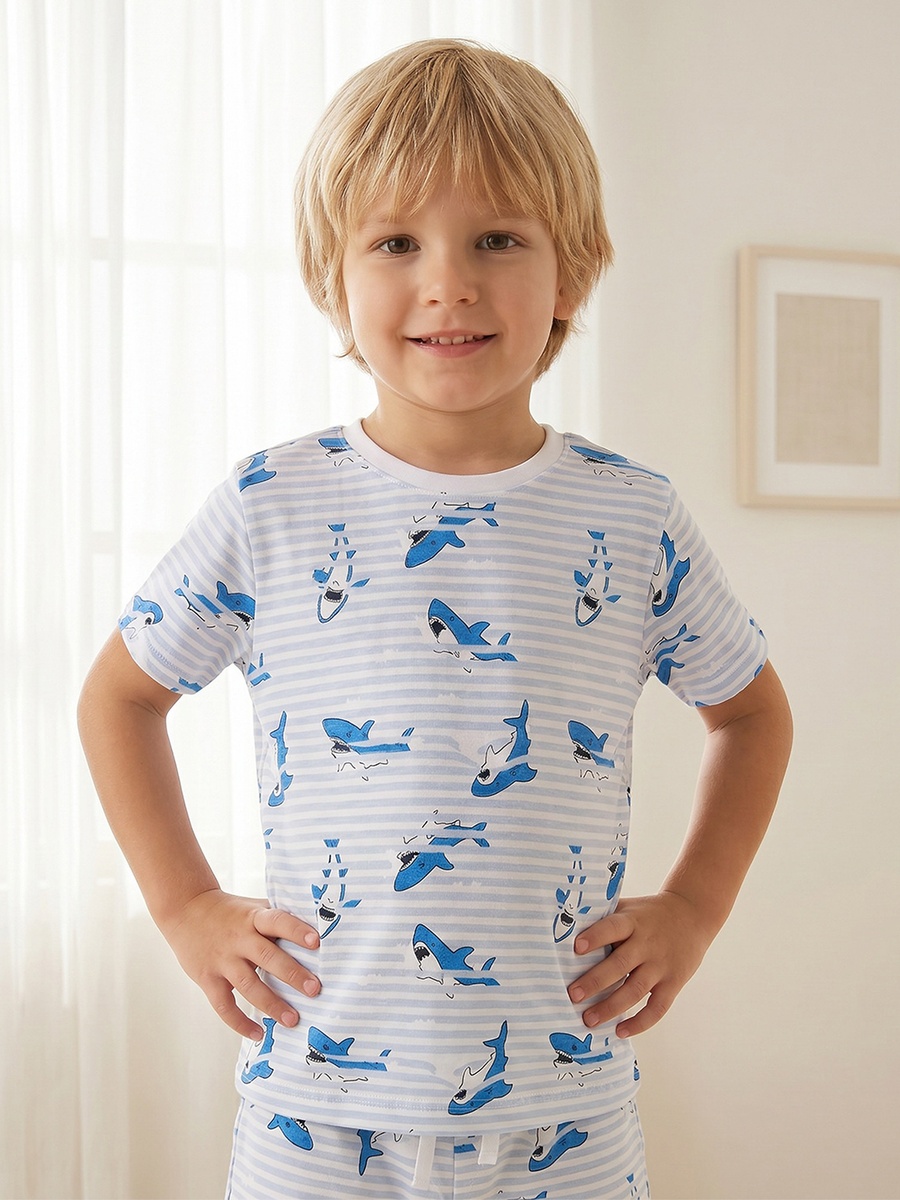 Cotton Crew Neck Short Sleeves Pyjama Set with Shark Print