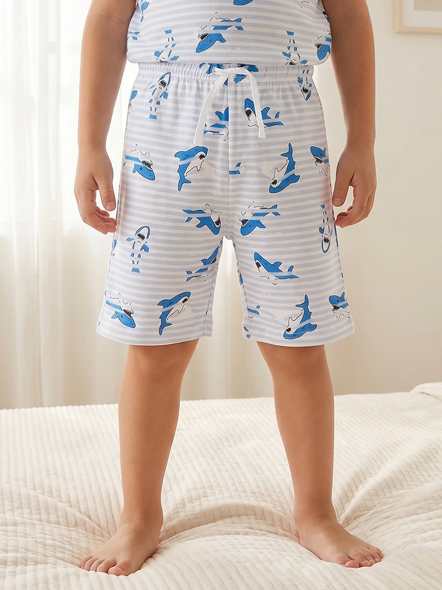 Cotton Crew Neck Short Sleeves Pyjama Set with Shark Print
