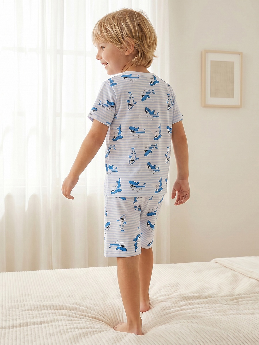 Cotton Crew Neck Short Sleeves Pyjama Set with Shark Print