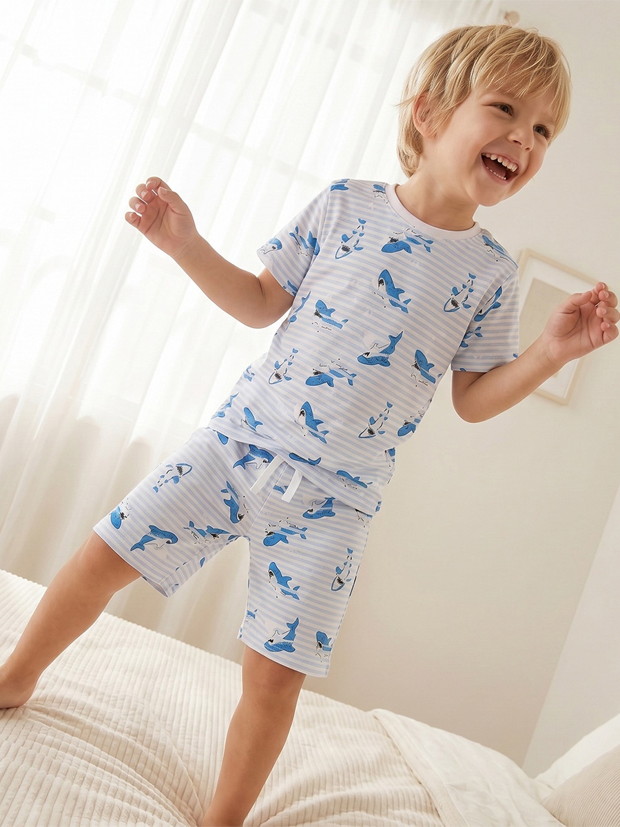 Cotton Crew Neck Short Sleeves Pyjama Set with Shark Print