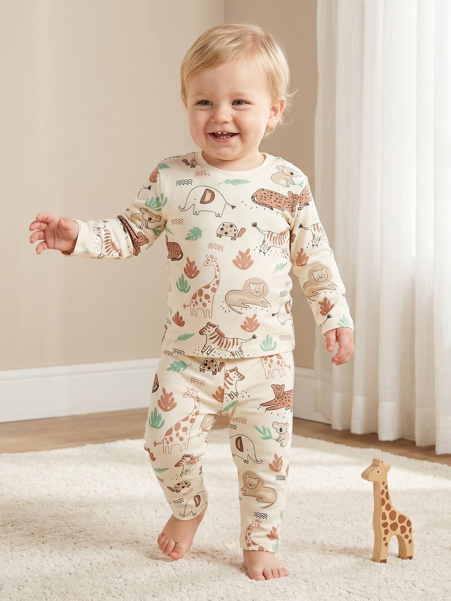 Cotton Round Neck Long Sleeves Pyjama Set with Safari Print