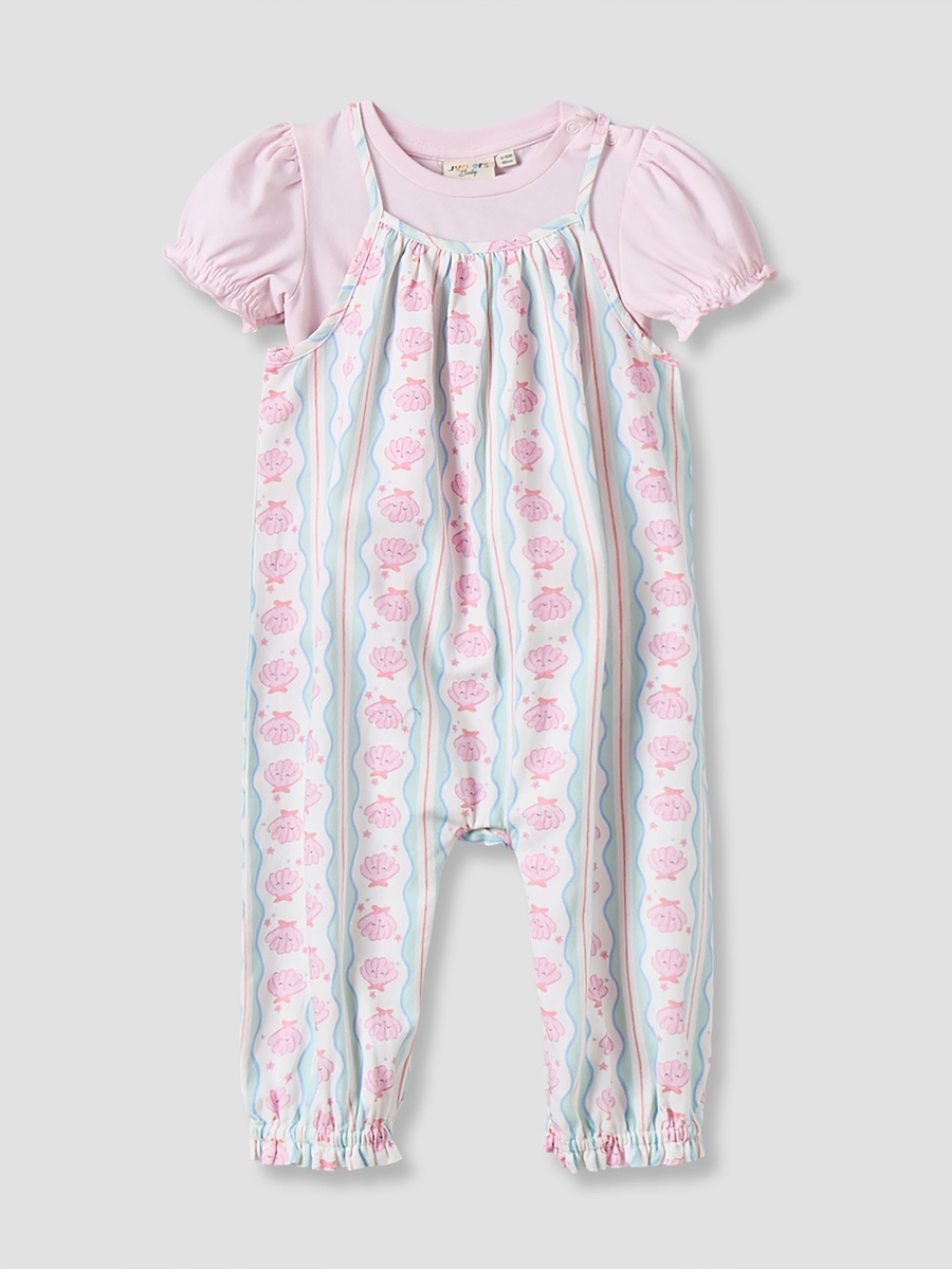 Round Neck Short Sleeves T-Shirt and Dungaree Set with Ruffle Trim