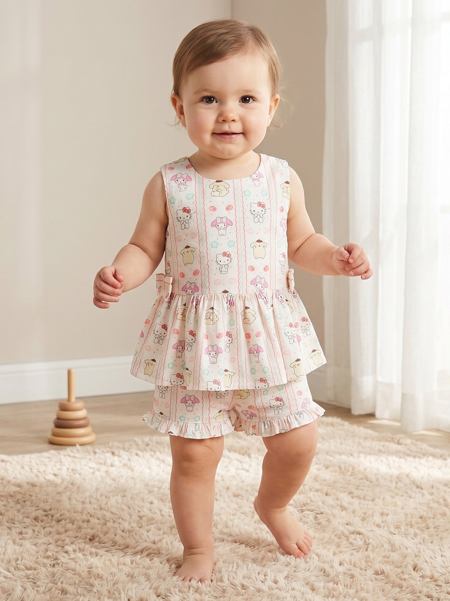 Round Neck Sleeveless Top and Shorts Set with Hello Kitty and Friends Print
