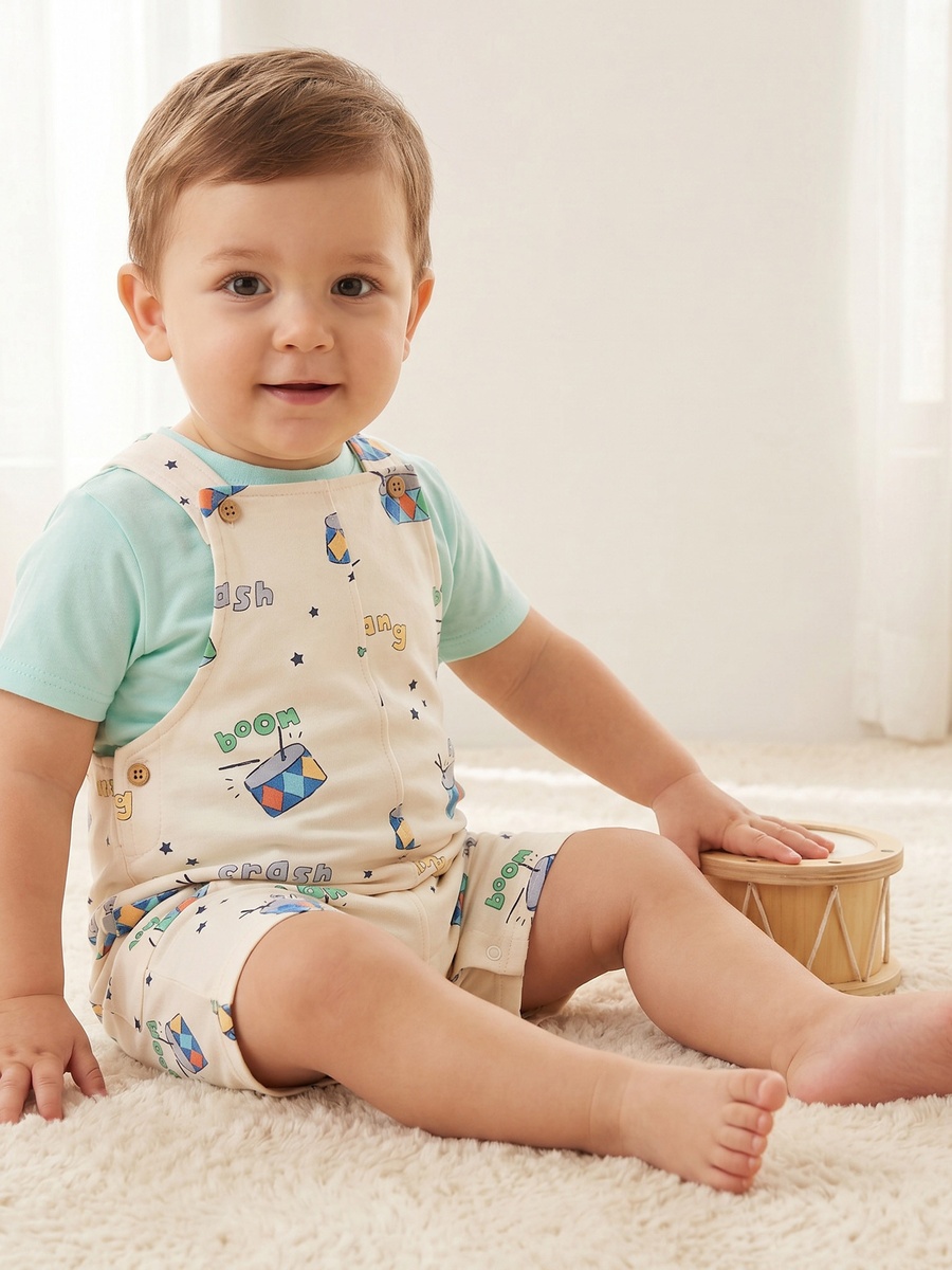 Round Neck Short Sleeves T-Shirt and Dungaree Set with Drum Print