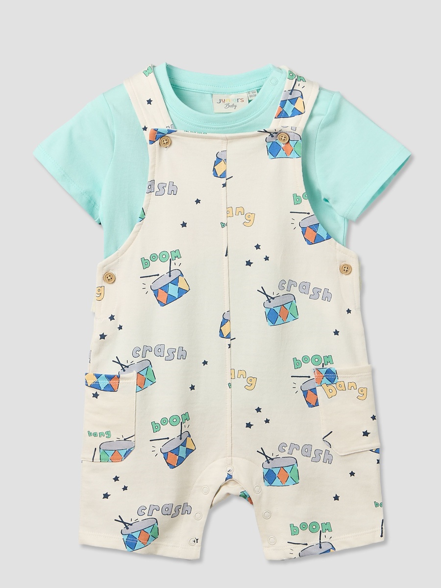 Round Neck Short Sleeves T-Shirt and Dungaree Set with Drum Print