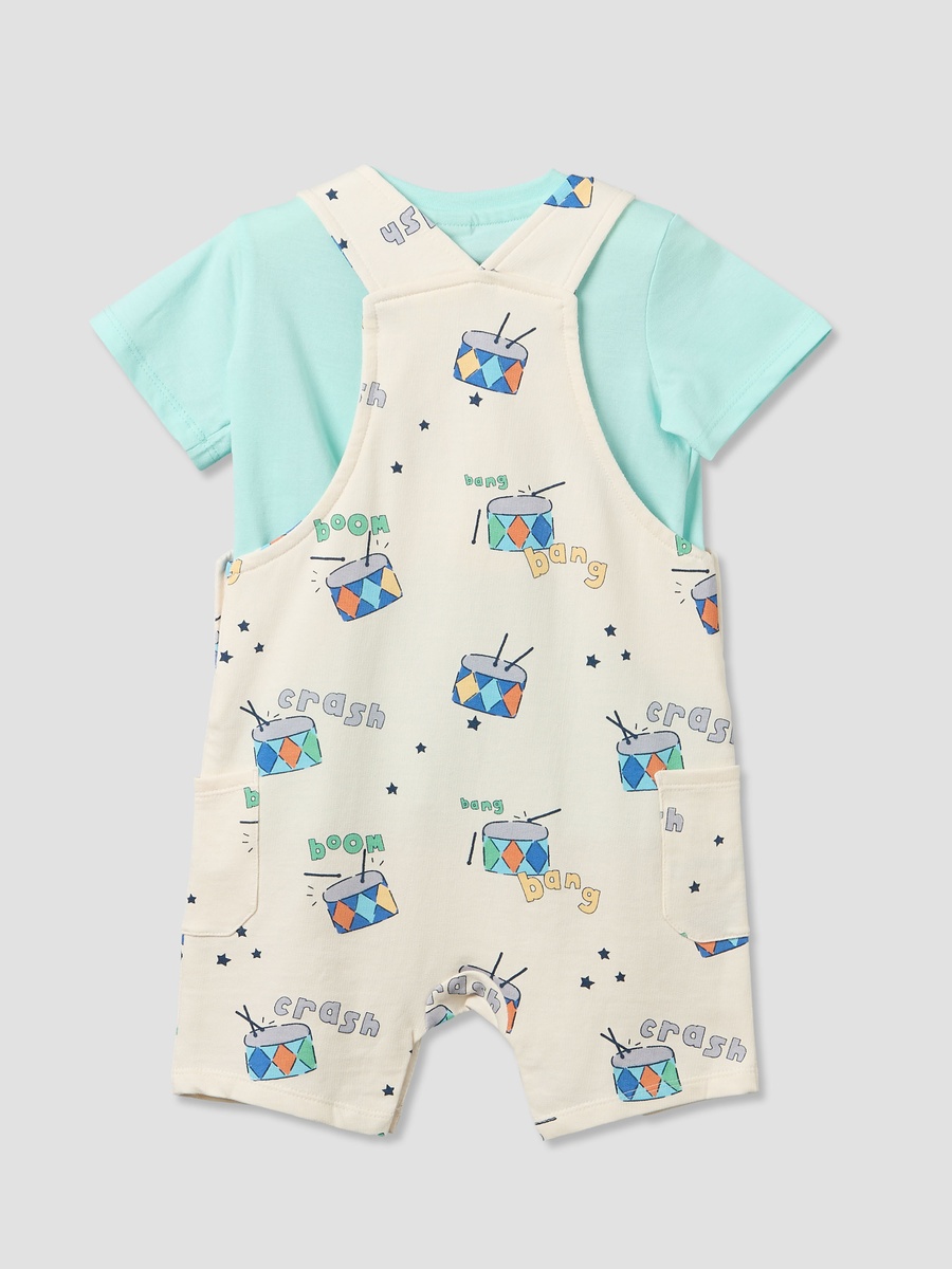 Round Neck Short Sleeves T-Shirt and Dungaree Set with Drum Print