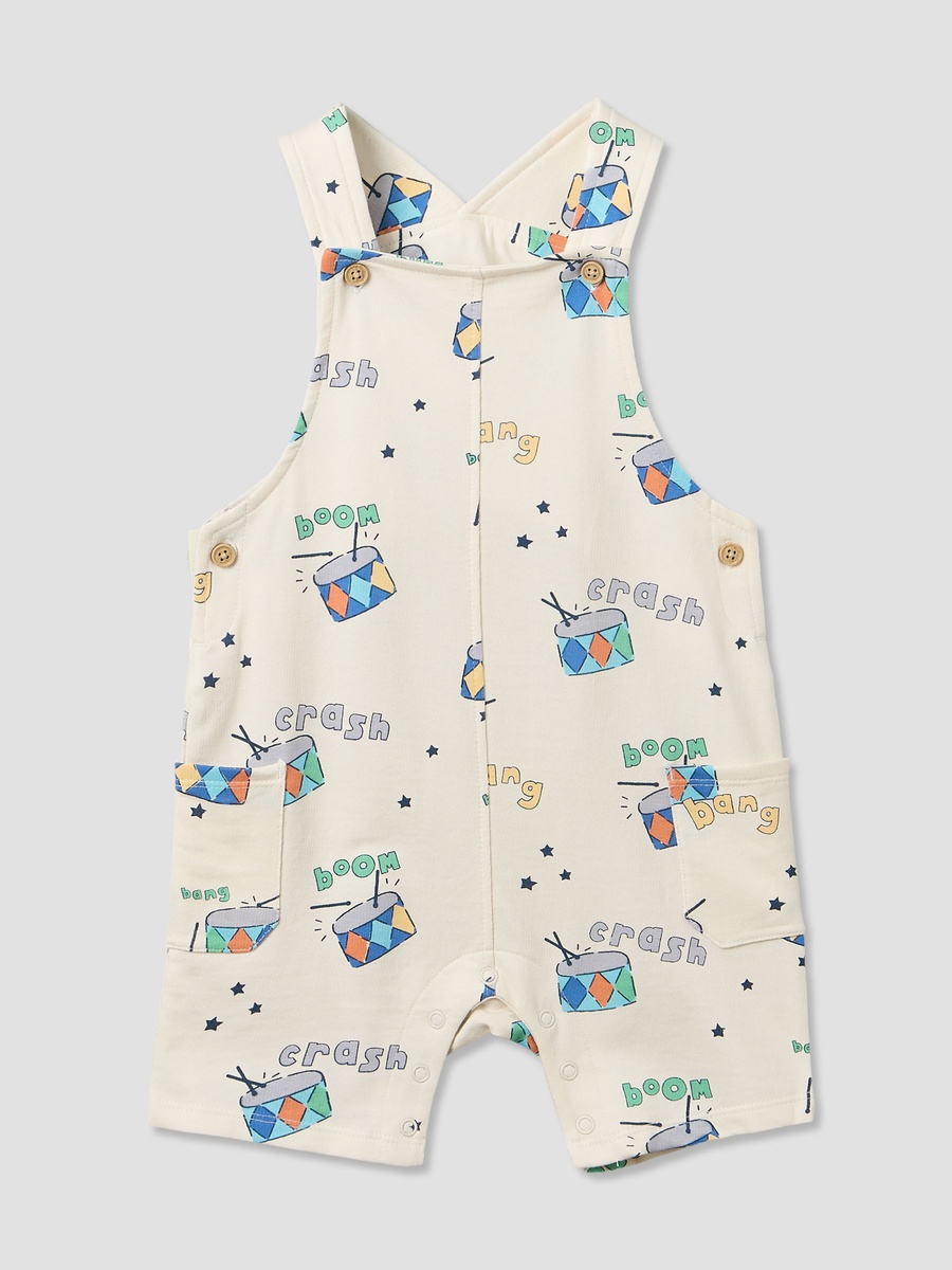 Round Neck Short Sleeves T-Shirt and Dungaree Set with Drum Print