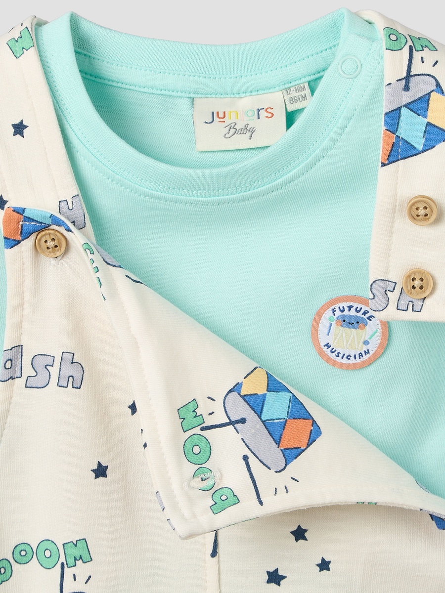 Round Neck Short Sleeves T-Shirt and Dungaree Set with Drum Print