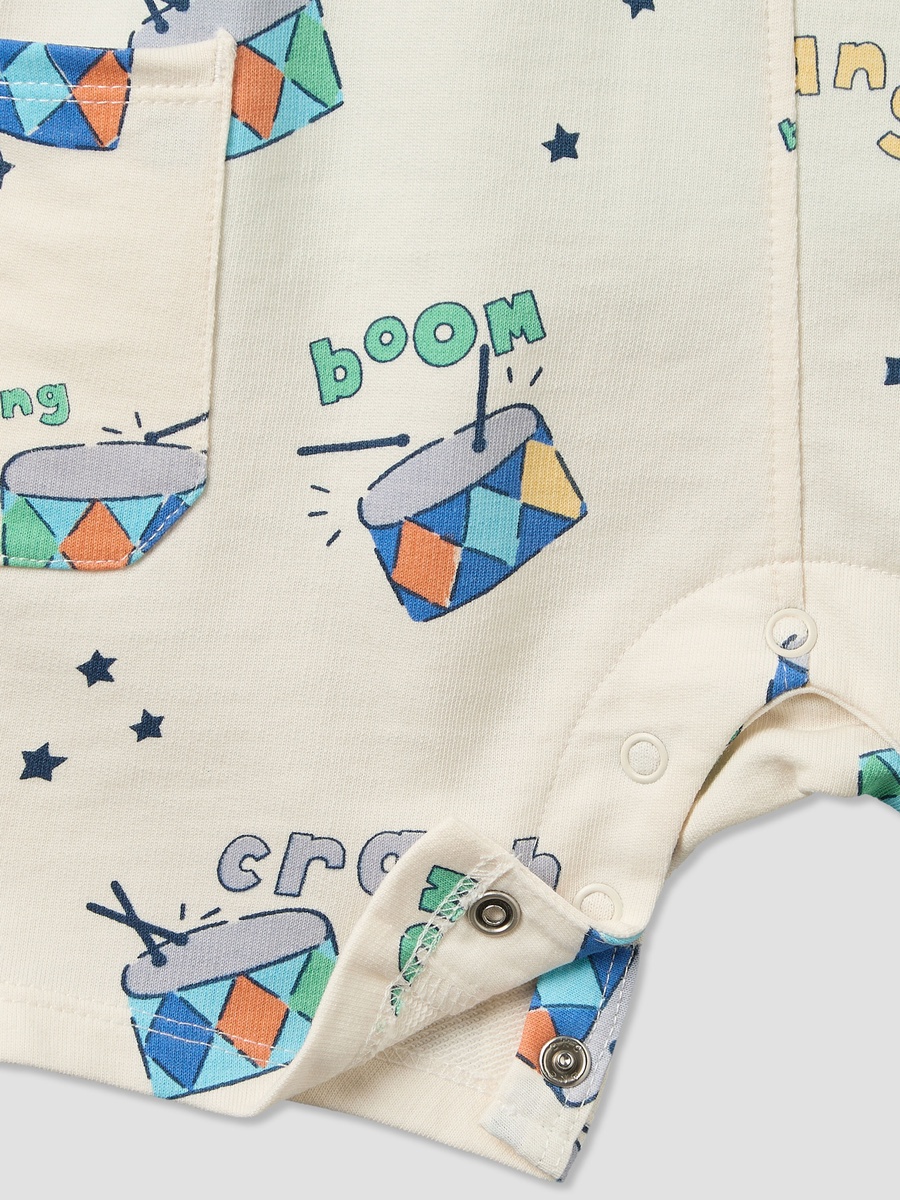 Round Neck Short Sleeves T-Shirt and Dungaree Set with Drum Print