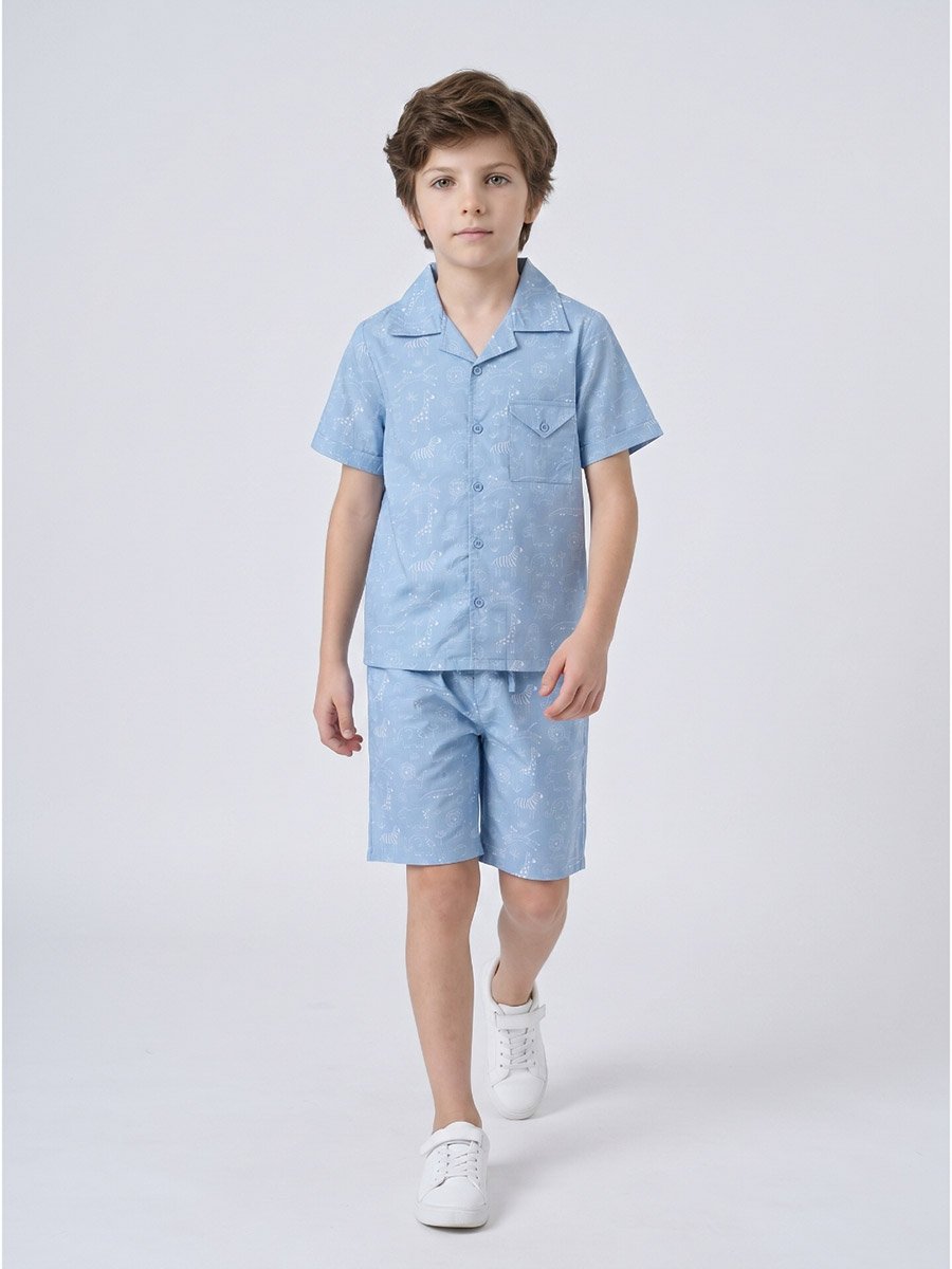Boys Blue Cotton Animal Print Shirt and Shorts Set