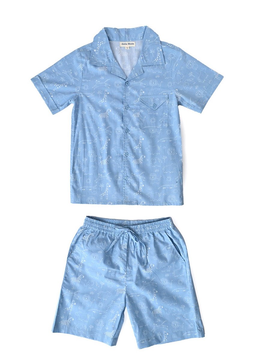 Boys Blue Cotton Animal Print Shirt and Shorts Set