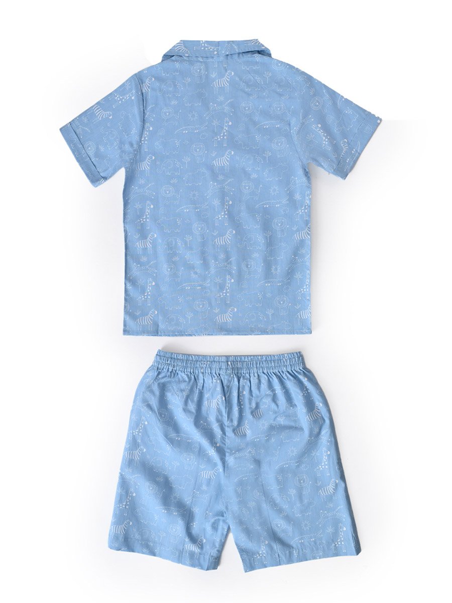 Boys Blue Cotton Animal Print Shirt and Shorts Set